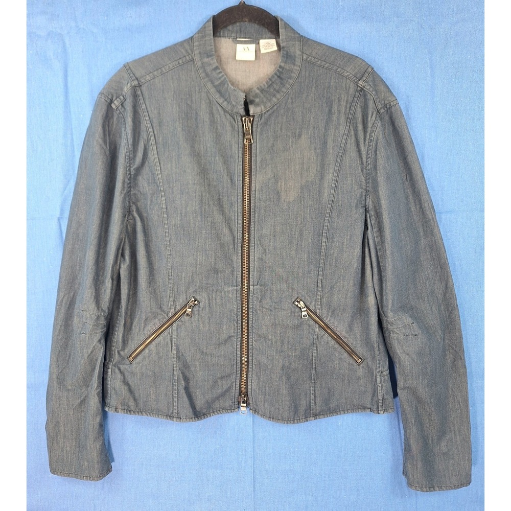 Armani Exchange Womens Denim Moto Jacket Blue Gray Zip Up Wool Blend Size L